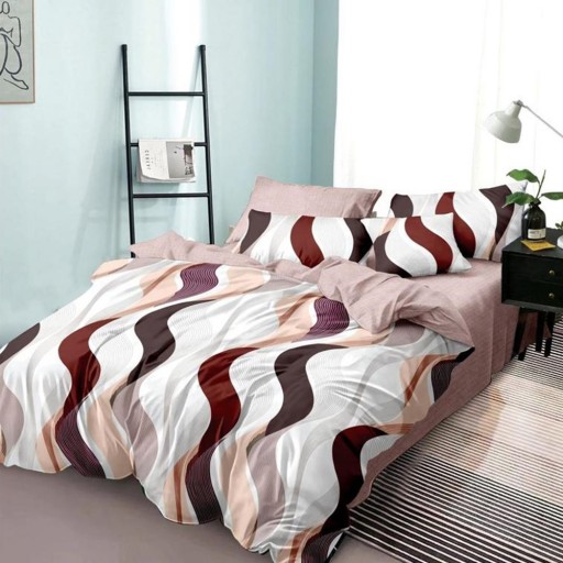 Lenjerie de pat, 2 persoane, finet, 6 piese, crem și maro, cu linii ondulate, LFN279