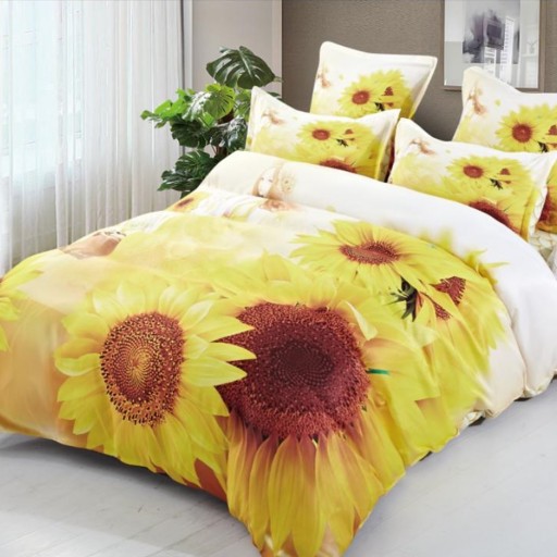 Lenjerie de pat, 2 persoane, finet, 6 piese, galben și alb, cu floarea soarelui, LFN295