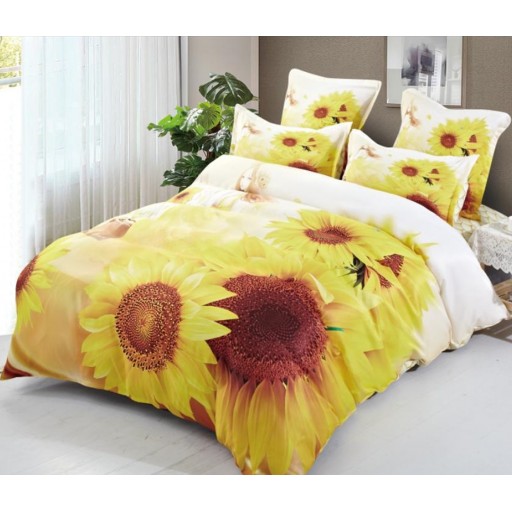 Lenjerie de pat, 2 persoane, finet, 6 piese, galben și alb, cu floarea soarelui, LFN295