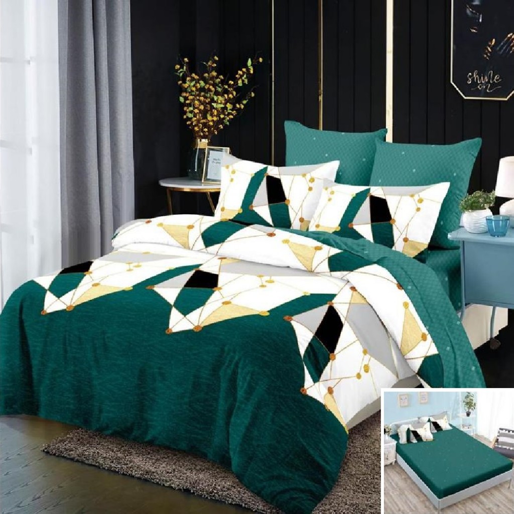 Lenjerie de pat, 2 persoane, finet, 6 piese, cu elastic, verde și alb, cu forme geometrice, LEL117