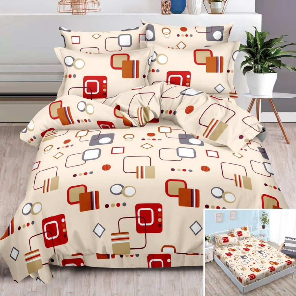 Lenjerie de pat, 2 persoane, finet, 6 piese, cu elastic, crem , cu forme geometrice, LEL136