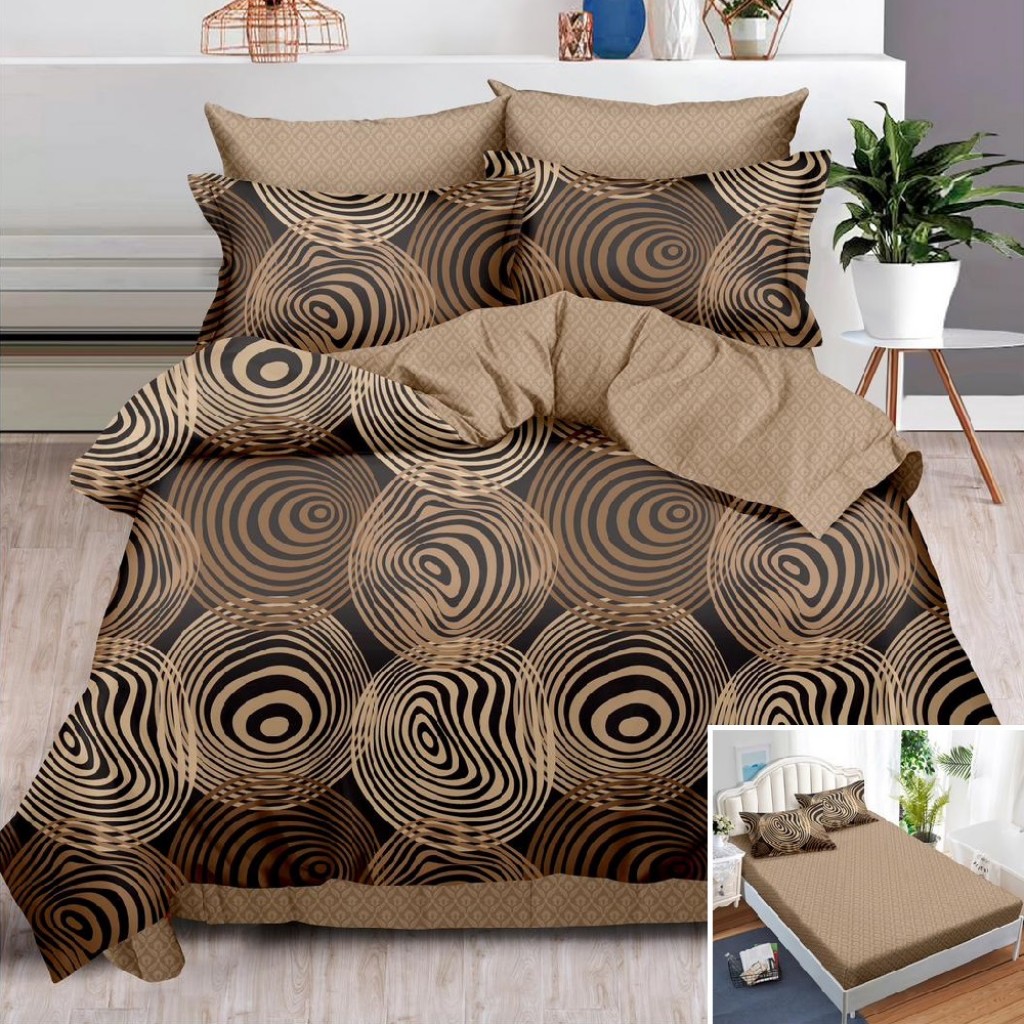Lenjerie de pat, 2 persoane, finet, 6 piese, cu elastic, maro si crem, cu cerculete, LEL140