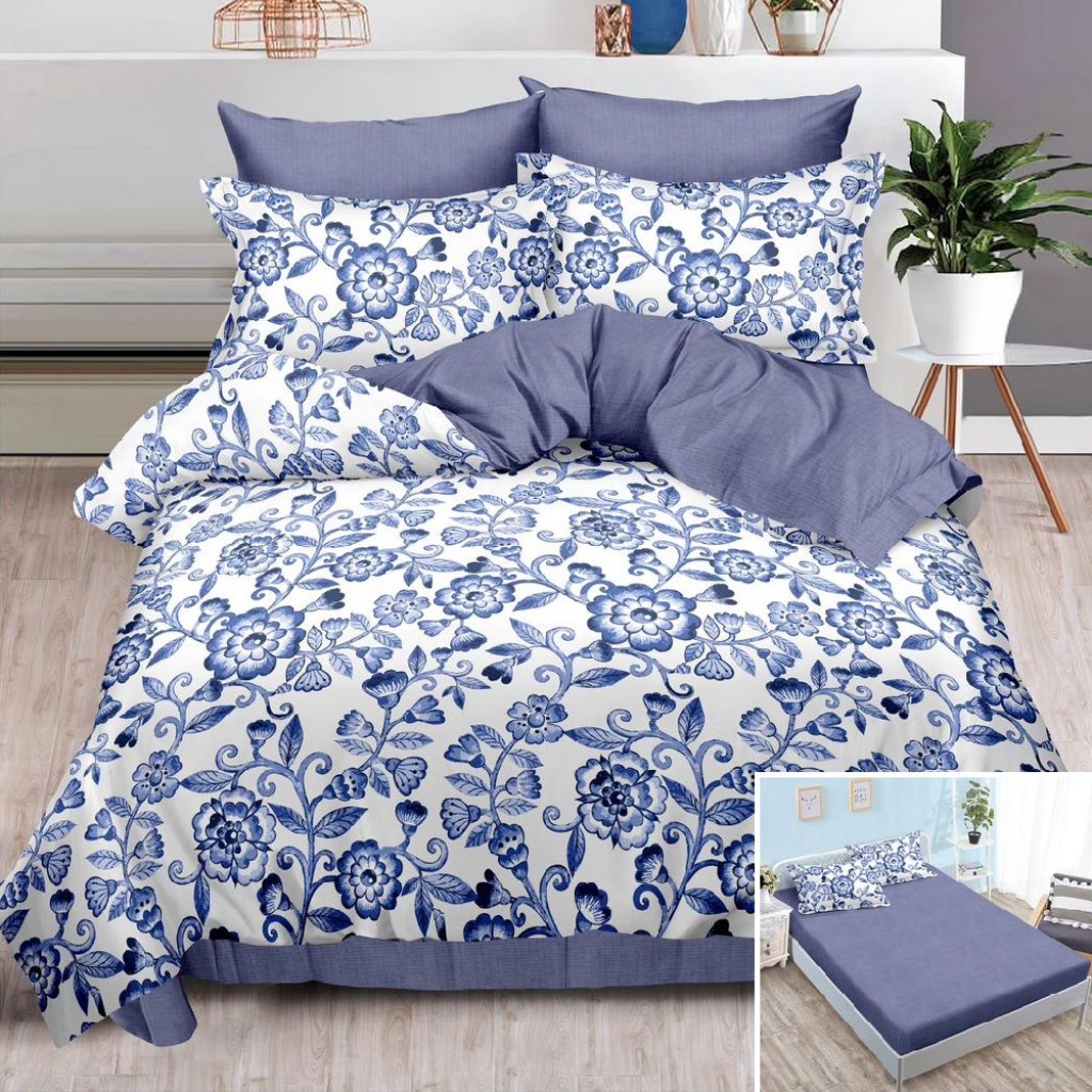 Lenjerie de pat, 2 persoane, finet, 6 piese, cu elastic, alb si gri, cu flori albastre, LEL148 Lenjerie de pat, 2 persoane, finet, 6 piese, cu elastic, alb si gri, cu flori albastre, LEL148
