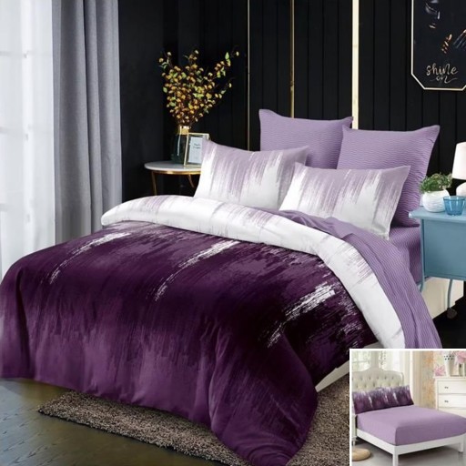 Lenjerie de pat, 2 persoane, finet, 6 piese, cu elastic, mov și alb, cu linii, LEL261