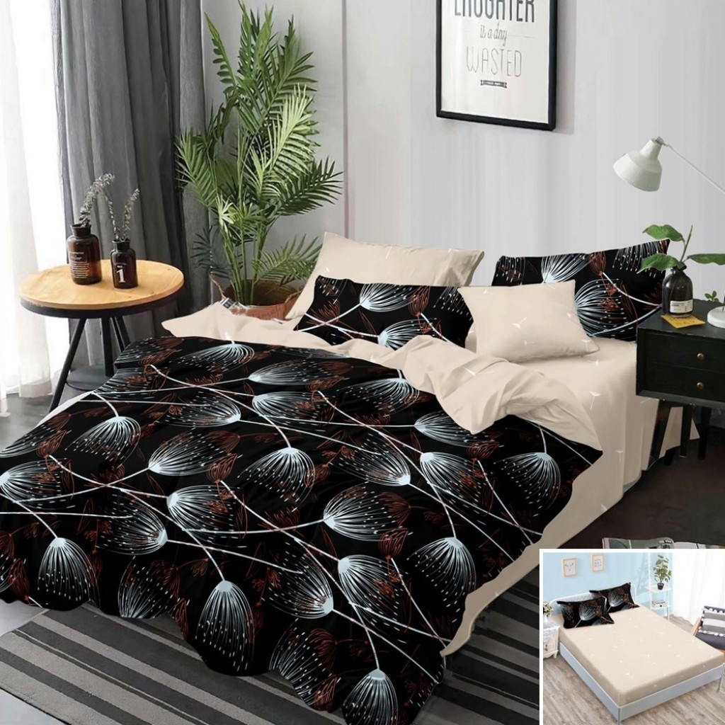 Lenjerie de pat, 2 persoane, finet, 6 piese, cu elastic, negru și crem, cu păpădii albe, LEL326