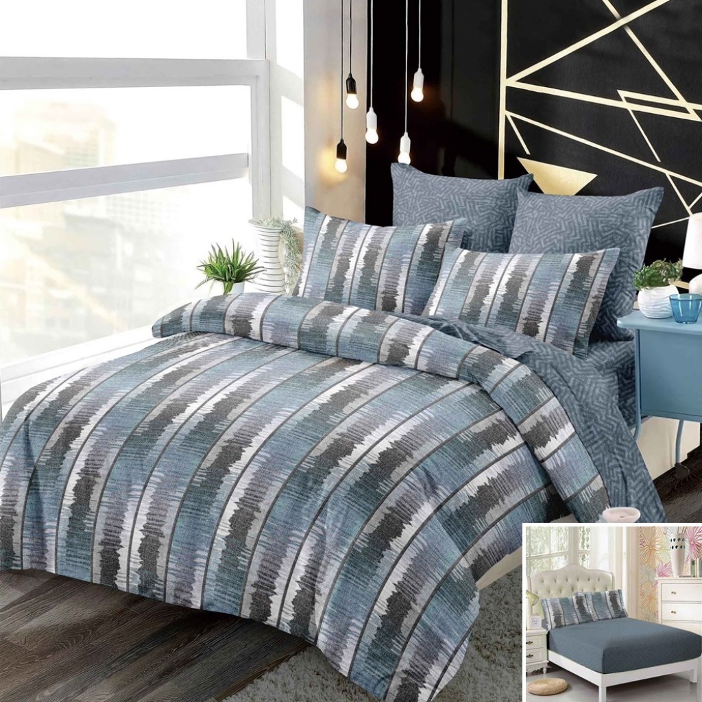 Lenjerie de pat, 2 persoane, finet, 6 piese, cu elastic, gri și maro, cu linii, LEL333