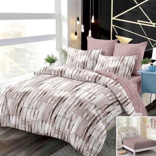 Lenjerie de pat, 2 persoane, finet, 6 piese, cu elastic, maro și alb, cu linii, LEL335