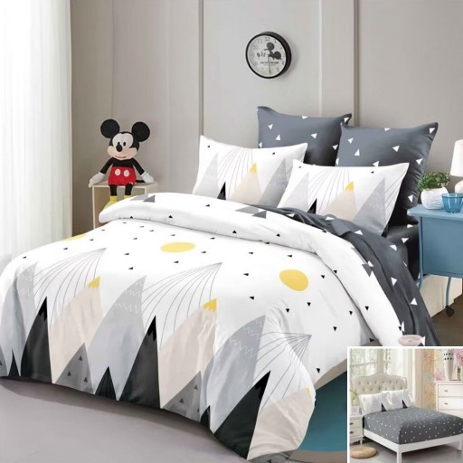 Lenjerie de pat, 2 persoane, finet, 6 piese, cu elastic, gri și alb, cu munți și soare, LEL336