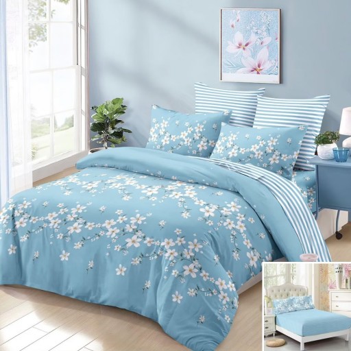 Lenjerie de pat, 2 persoane, finet, 6 piese, cu elastic, albastru deschis, cu floricele albe, LEL370