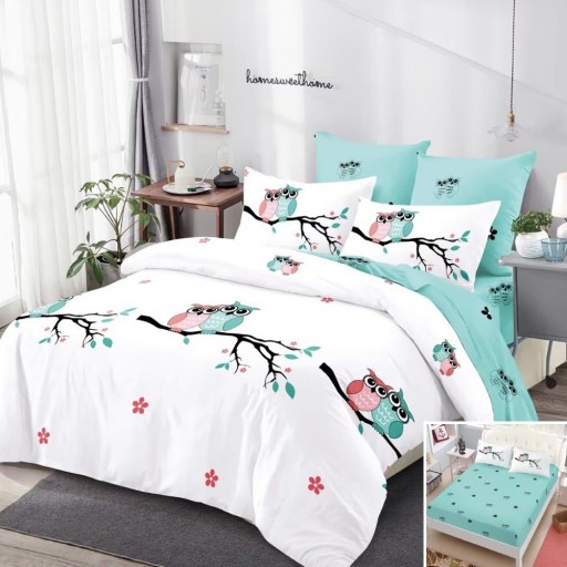Lenjerie de pat, 2 persoane, finet, 6 piese, cu elastic, turcoaz și alb, cu bufnițe, LEL382