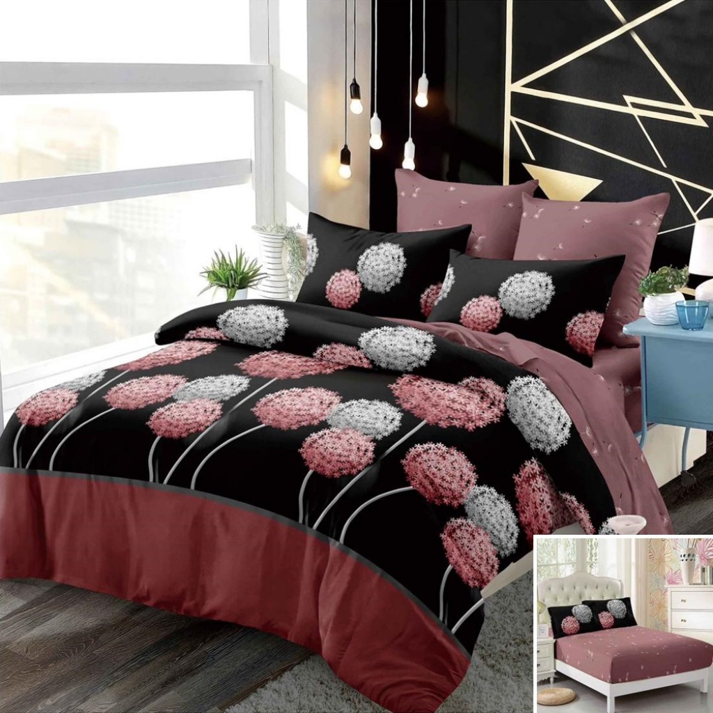 Lenjerie de pat, 2 persoane, finet, 6 piese, cu elastic, negru și maro, imprimeu păpădii, LEL402