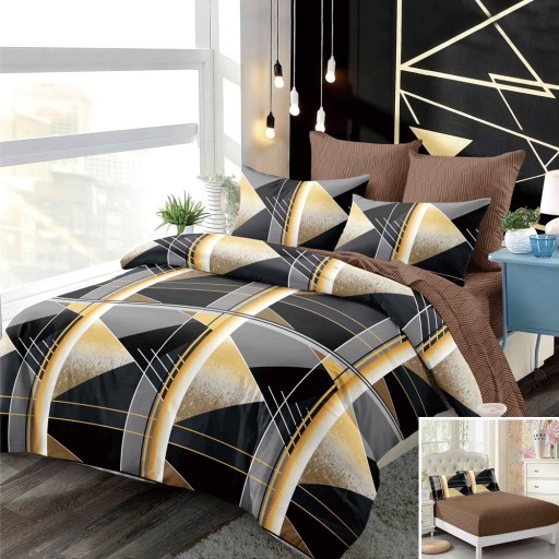 Lenjerie de pat, 2 persoane, finet, 6 piese, cu elastic, negru gri galben, cu forme geometrice, LEL419