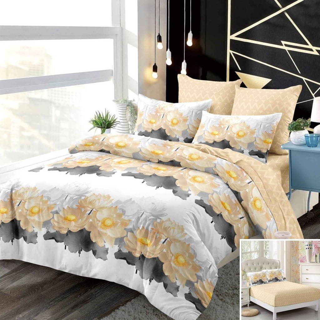 Lenjerie de pat, 2 persoane, finet, 6 piese, cu elastic, alb și crem, cu floricele, LEL420