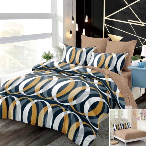 Lenjerie de pat, 2 persoane, finet, 6 piese, cu elastic, albastru și maro, cu cercuri, LEL432