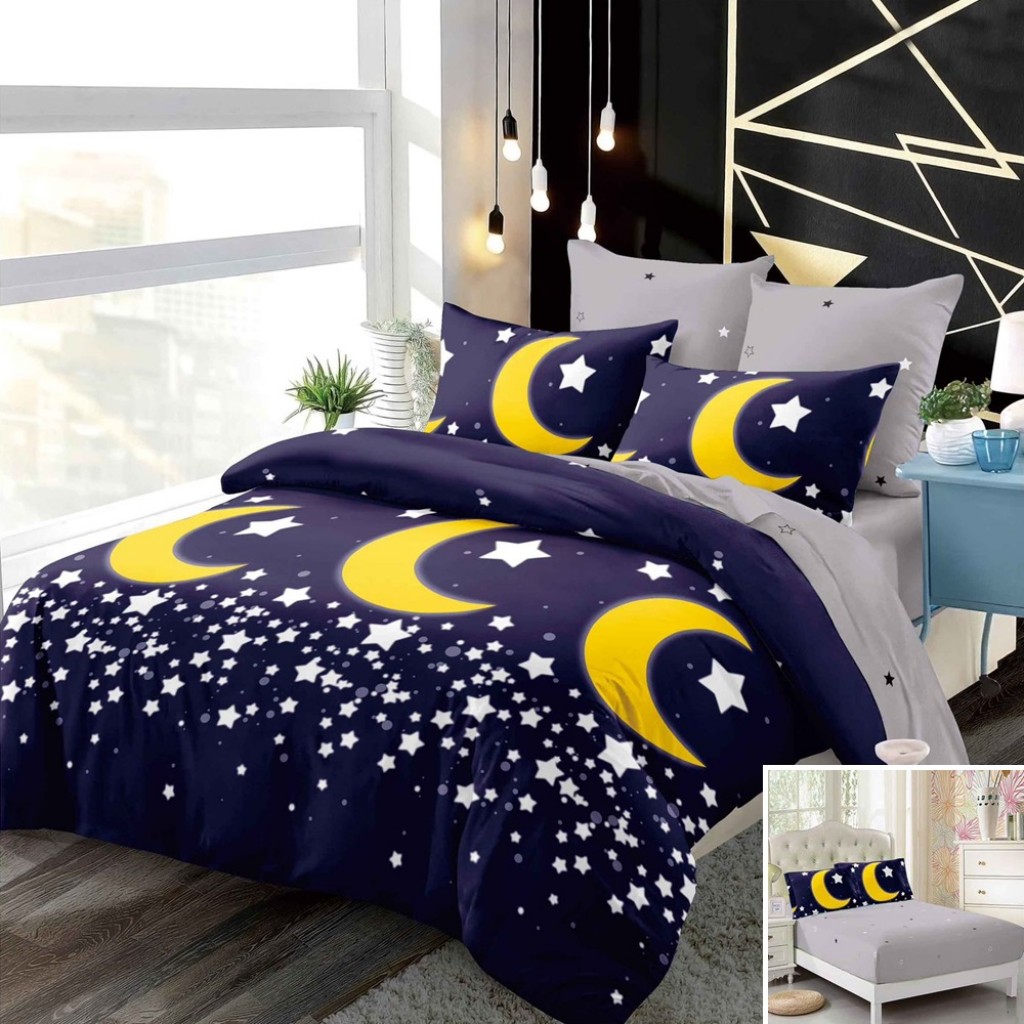 Lenjerie de pat, 2 persoane, finet, 6 piese, cu elastic, albastru și gri, cu lună si stele, LEL452