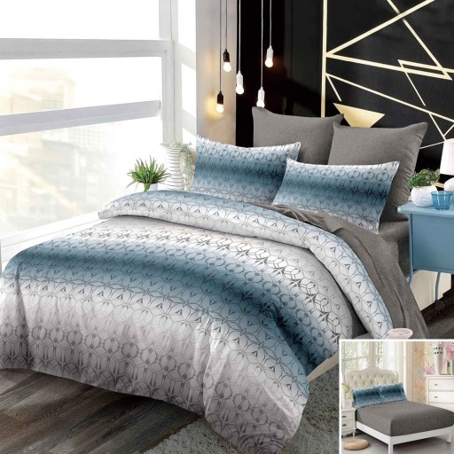 Lenjerie de pat, 2 persoane, finet, 6 piese, cu elastic, gri și albastru, cu imprimeu, LEL467 Lenjerie de pat, 2 persoane, finet, 6 piese, cu elastic, gri și albastru, cu imprimeu, LEL467