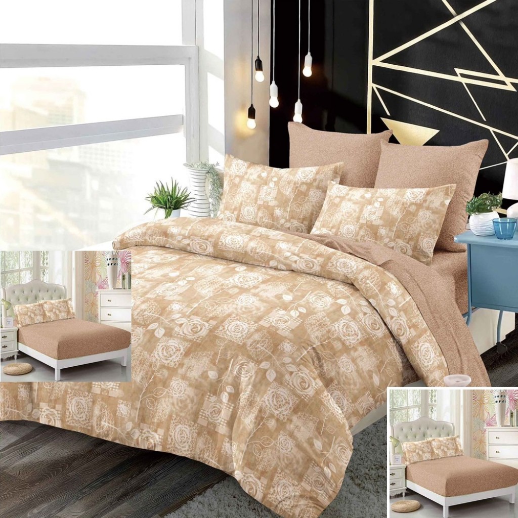 Lenjerie de pat, 2 persoane, finet, 6 piese, cu elastic, maro , cu trandafiri albi, LEL468