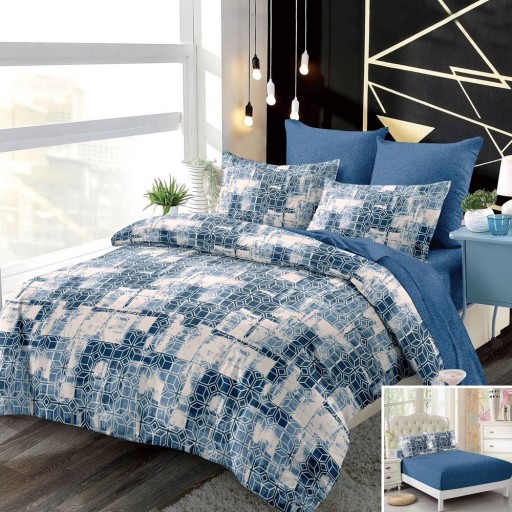 Lenjerie de pat, 2 persoane, finet, 6 piese, cu elastic, albastru și alb, cu imprimeu, LEL469