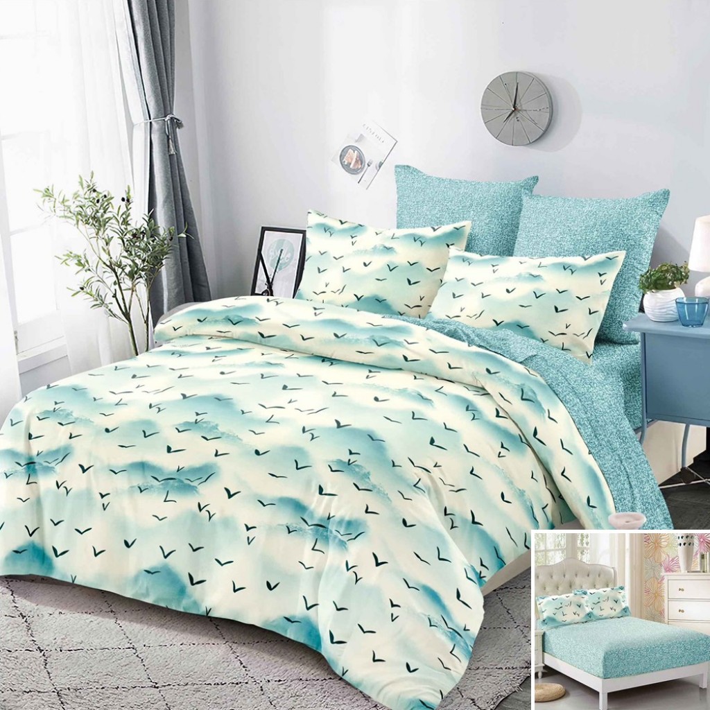 Lenjerie de pat, 2 persoane, finet, 6 piese, cu elastic, albastru și crem, imprimeu cer și păsări, LEL480