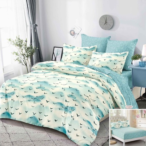 Lenjerie de pat, 2 persoane, finet, 6 piese, cu elastic, albastru și crem, imprimeu cer și păsări, LEL480