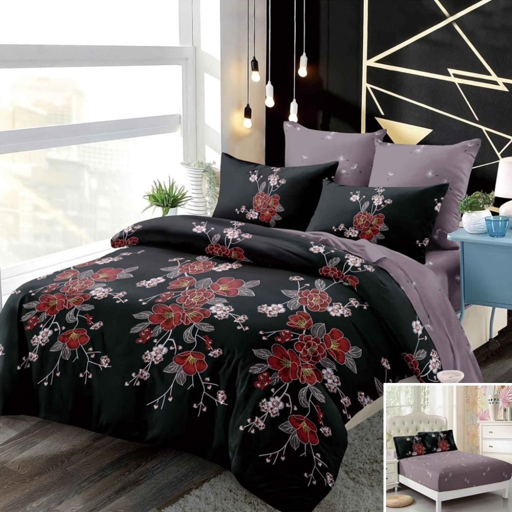 Lenjerie de pat, 2 persoane, finet, 6 piese, cu elastic, negru și gri, cu flori roșii, LEL481