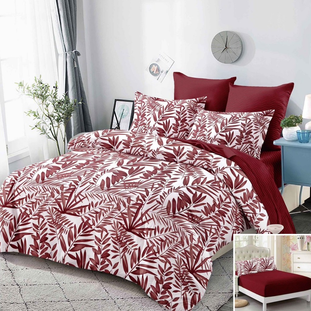 Lenjerie de pat, 2 persoane, finet, 6 piese, cu elastic, vișiniu și alb, cu frunze vișinii, LEL483