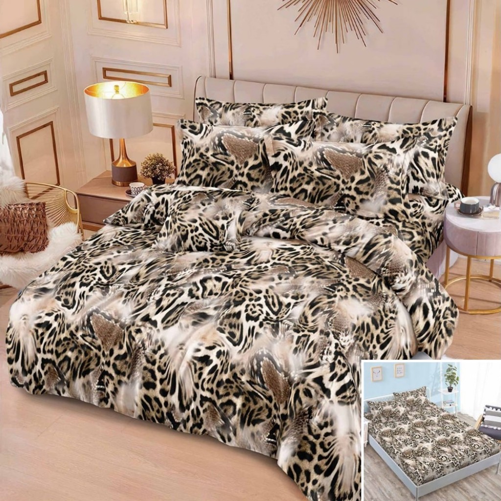 Lenjerie de pat, 2 persoane, finet, 6 piese, cu elastic, crem și maro, animal print, LEL485