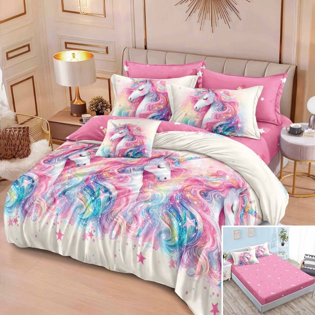 Lenjerie de pat, 2 persoane, finet, 6 piese, cu elastic, roz și alb, cu unicorni, LEL490