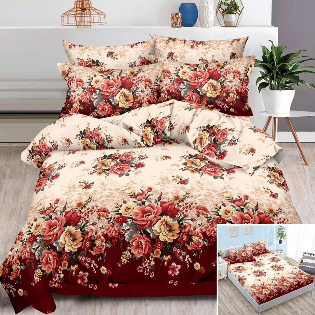 Lenjerie de pat, 2 persoane, finet, 6 piese, cu elastic, crem și maro, imprimeu flori, LEL502