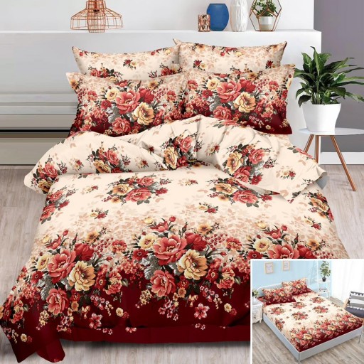 Lenjerie de pat, 2 persoane, finet, 6 piese, cu elastic, crem și maro, imprimeu flori, LEL502 Lenjerie de pat, 2 persoane, finet, 6 piese, cu elastic, crem și maro, imprimeu flori, LEL502