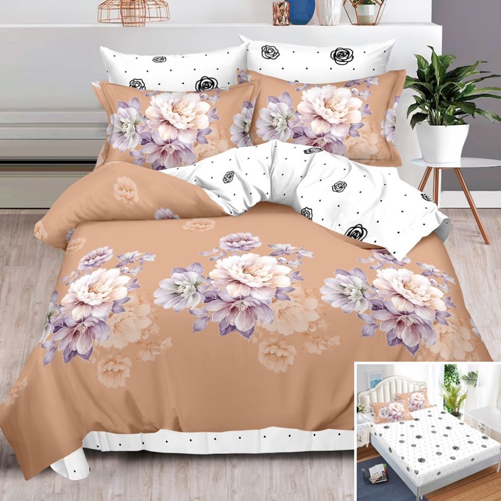 Lenjerie de pat, 2 persoane, finet, 6 piese, cu elastic, crem și alb, imprimeu flori, LEL503