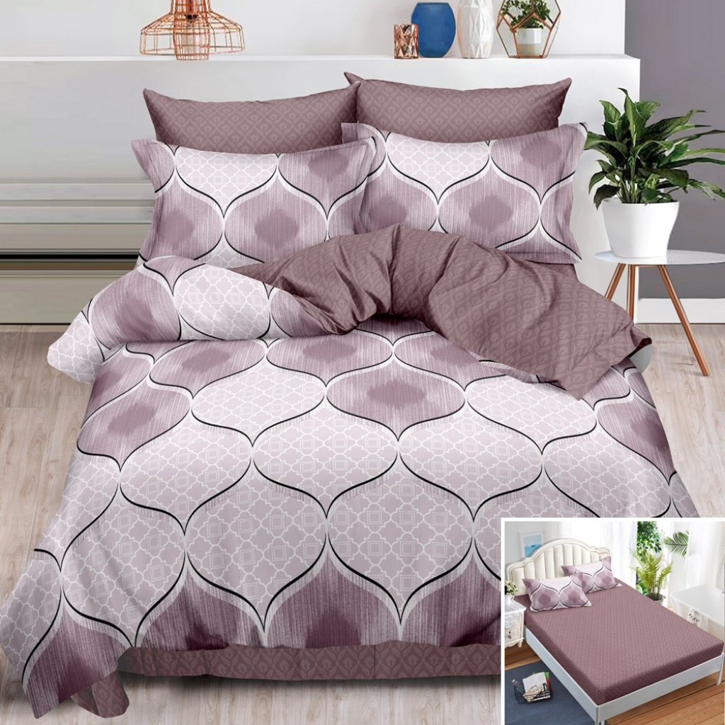 Lenjerie de pat, 2 persoane, finet, 6 piese, cu elastic, maro , cu imprimeu, LEL505