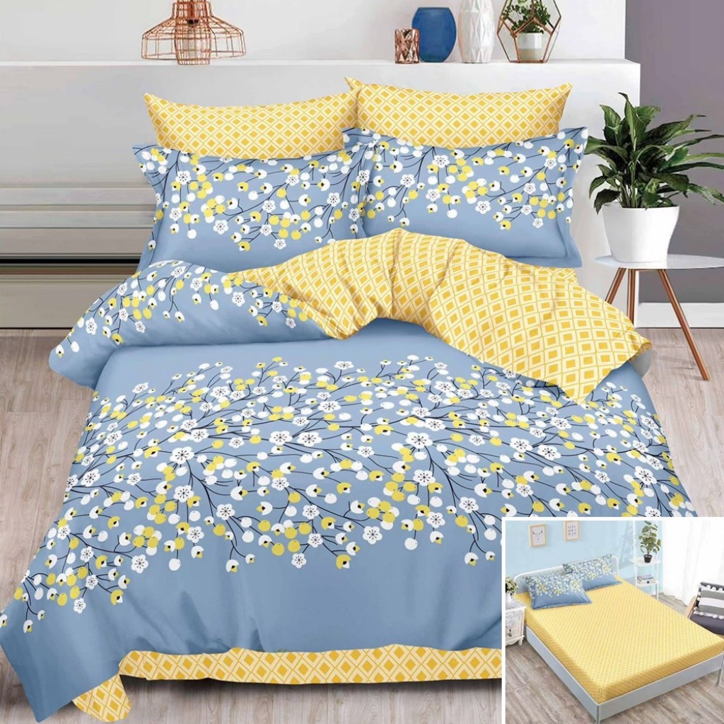 Lenjerie de pat, 2 persoane, finet, 6 piese, cu elastic, gri și galben, cu floricele, LEL507