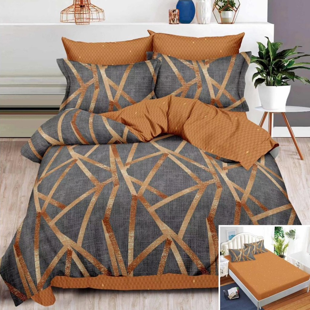 Lenjerie de pat, 2 persoane, finet, 6 piese, cu elastic, maro, imprimeu linii, LEL508