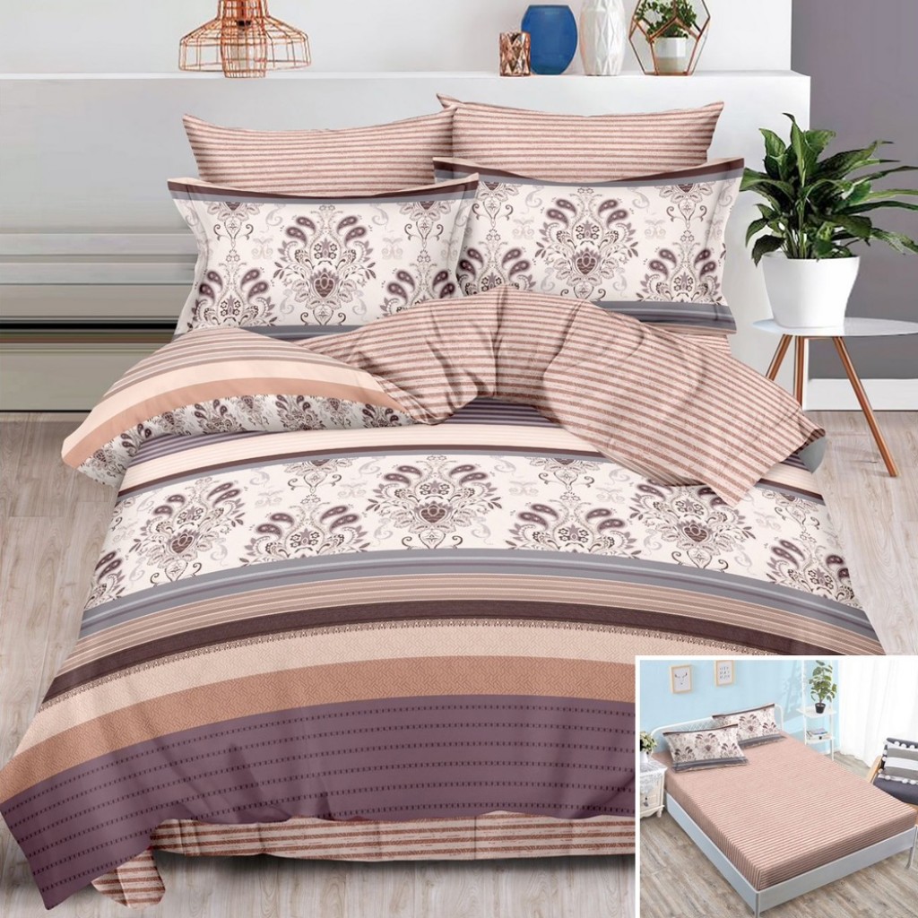 Lenjerie de pat, 2 persoane, finet, 6 piese, cu elastic, maro alb crem, model și linii, LEL509