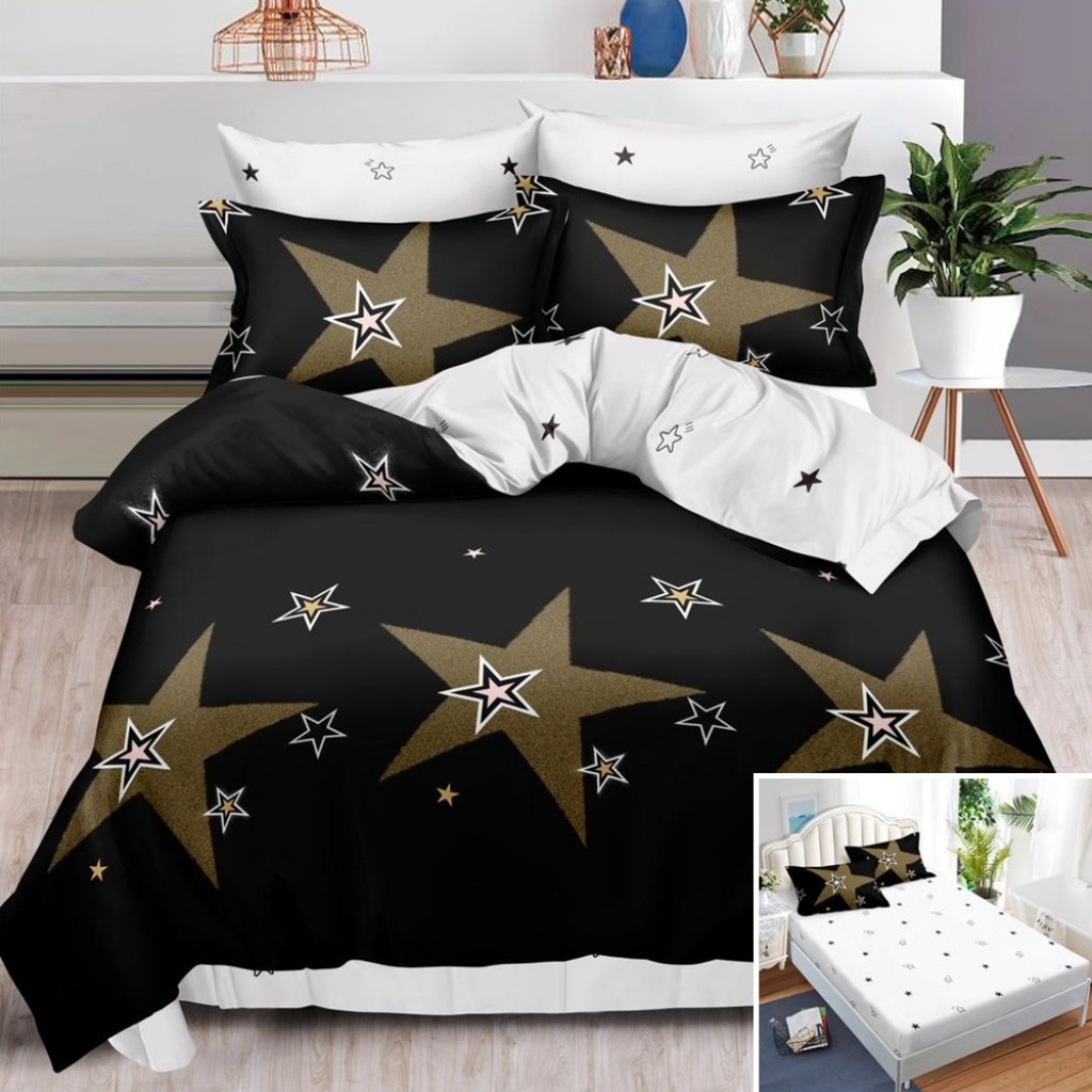 Lenjerie de pat, 2 persoane, finet, 6 piese, cu elastic, negru și alb, cu stele aurii, LEL512