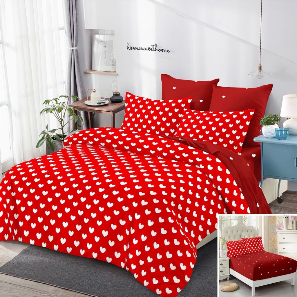 Lenjerie de pat, 2 persoane, finet, 6 piese, cu elastic, roșu, cu inimioare albe, LEL520
