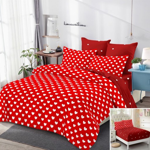 Lenjerie de pat, 2 persoane, finet, 6 piese, cu elastic, roșu, cu inimioare albe, LEL520
