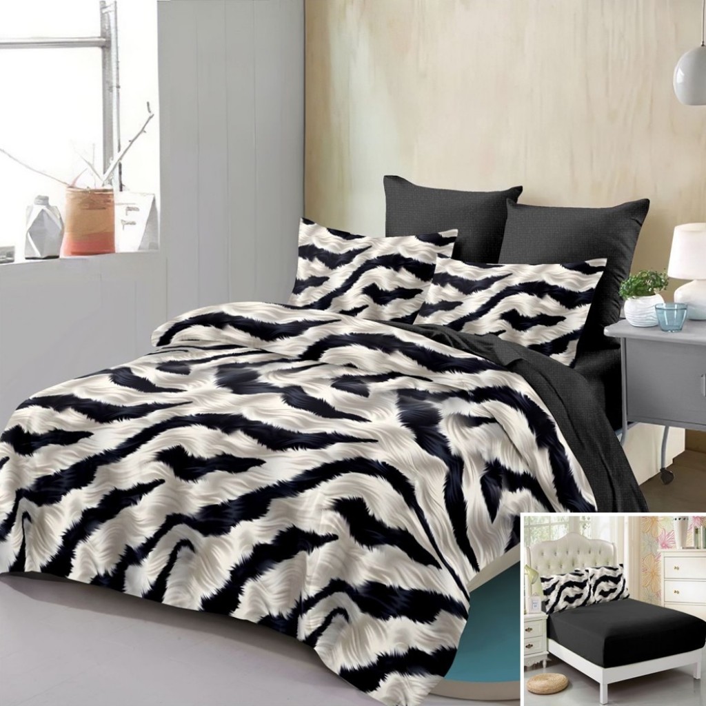 Lenjerie de pat, 2 persoane, finet, 6 piese, cu elastic, gri și negru, imprimeu zebra, LEL521