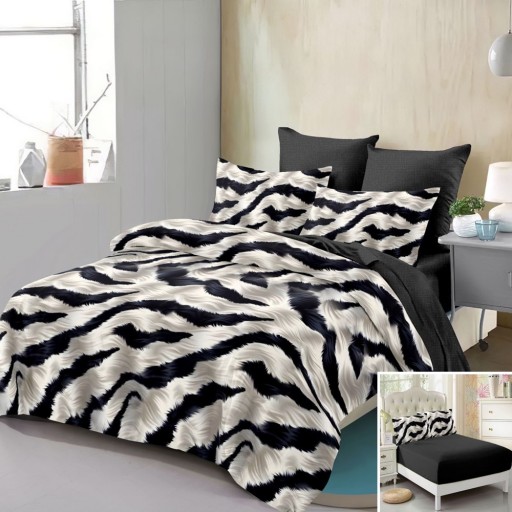Lenjerie de pat, 2 persoane, finet, 6 piese, cu elastic, gri și negru, imprimeu zebra, LEL521