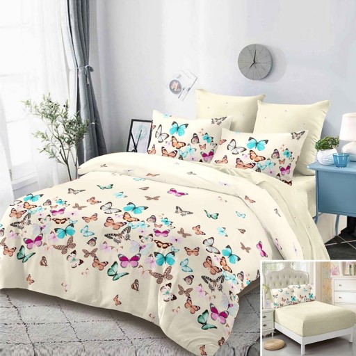 Lenjerie de pat, 2 persoane, finet, 6 piese, cu elastic, crem deschis, cu fluturași, LEL522