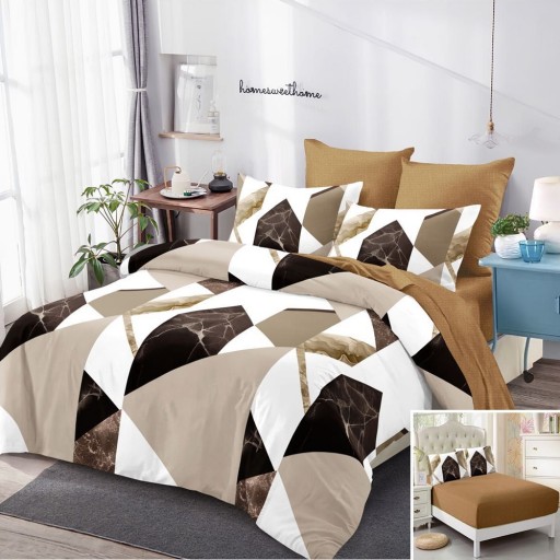 Lenjerie de pat, 2 persoane, finet, 6 piese, cu elastic, maro crem alb, cu forme geometrice, LEL523