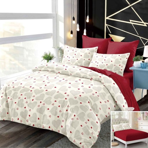 Lenjerie de pat, 2 persoane, finet, 6 piese, cu elastic, crem și vișiniu, cu inimioare, LEL524