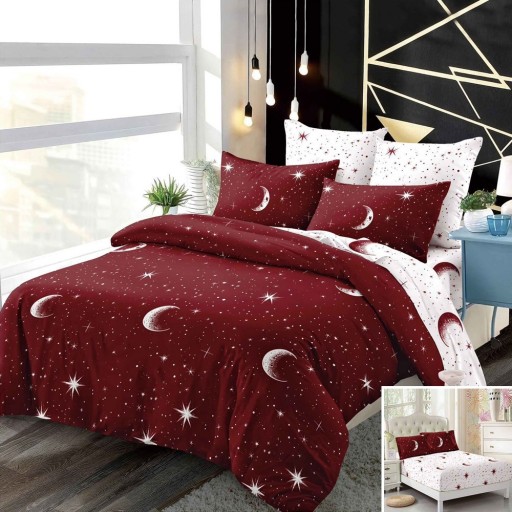 Lenjerie de pat, 2 persoane, finet, 6 piese, cu elastic, alb și vișiniu, cu lună și stele, LEL525