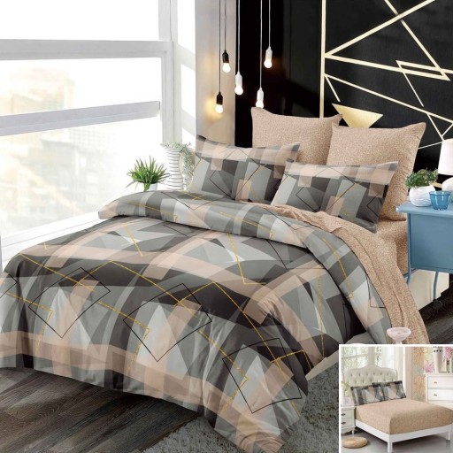 Lenjerie de pat, 2 persoane, finet, 6 piese, cu elastic, crem și maro, cu forme geometrice, LEL526