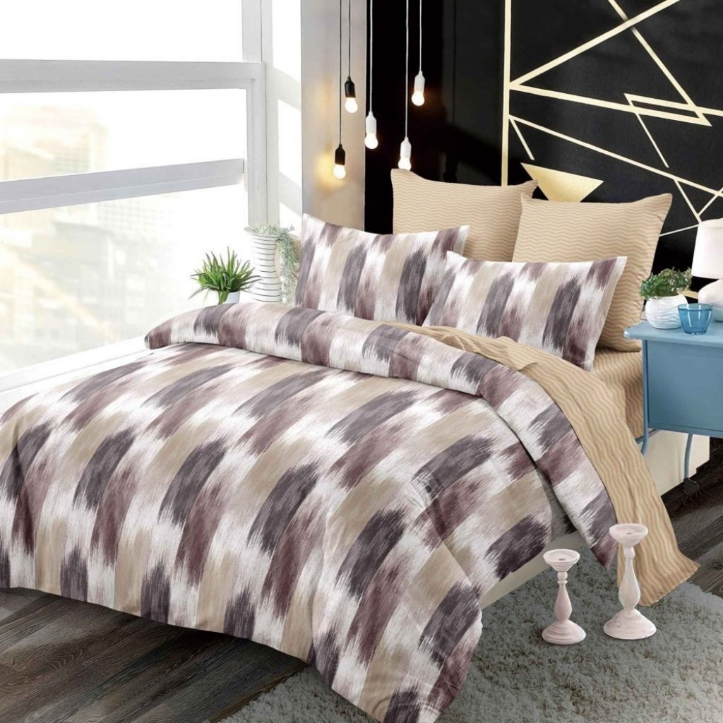 Lenjerie de pat, 2 persoane, finet, 6 piese, cu elastic, crem și maro, imprimeu degrade, LEL527