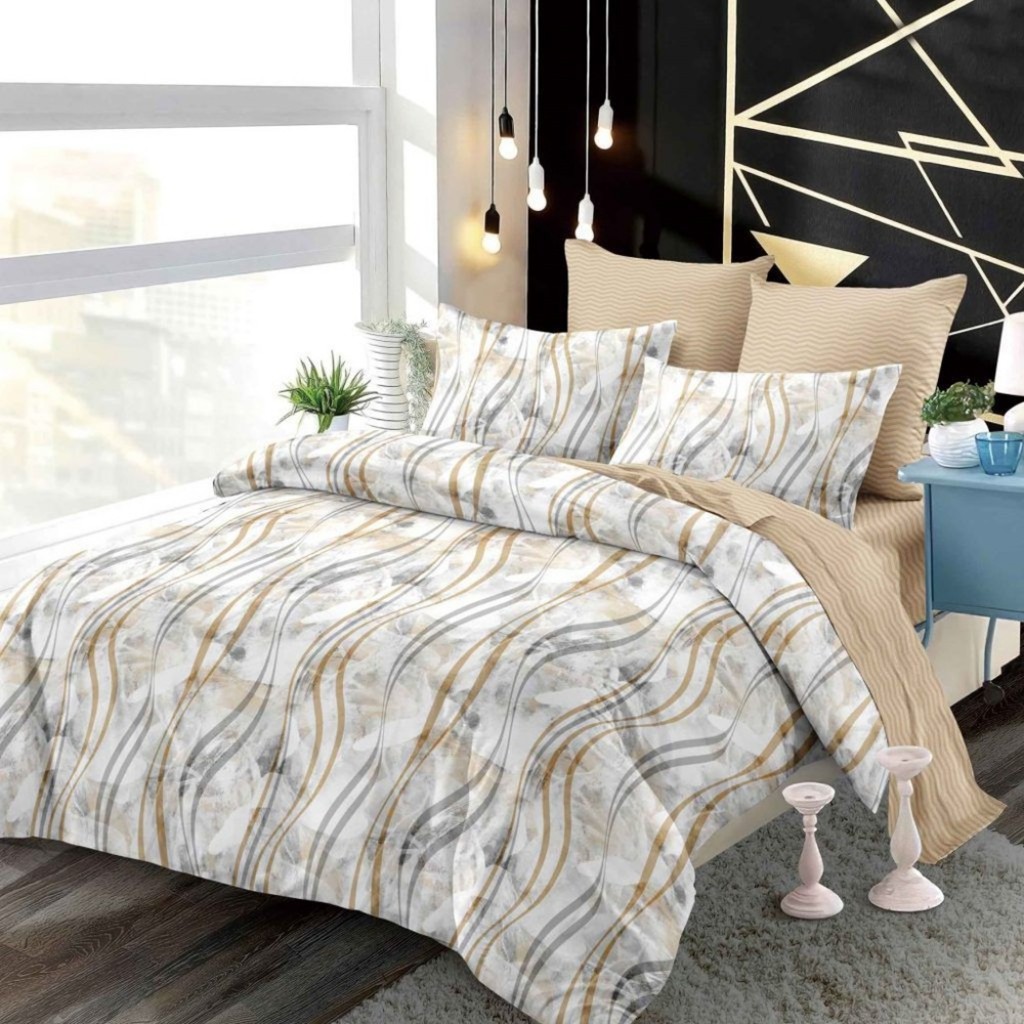 Lenjerie de pat, 2 persoane, finet, 6 piese, cu elastic, crem și maro, cu linii ondulate, LEL528