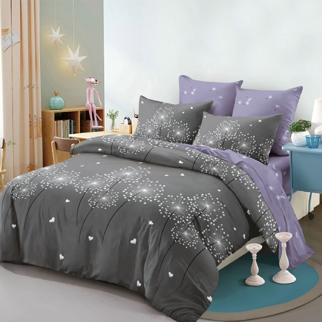 Lenjerie de pat, 2 persoane, finet, 6 piese, cu elastic, gri și violet, cu păpădii, LEL529