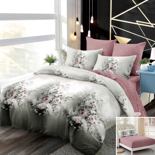 Lenjerie de pat, 2 persoane, finet, 6 piese, cu elastic, gri și bej, cu trandafiri, LEL530