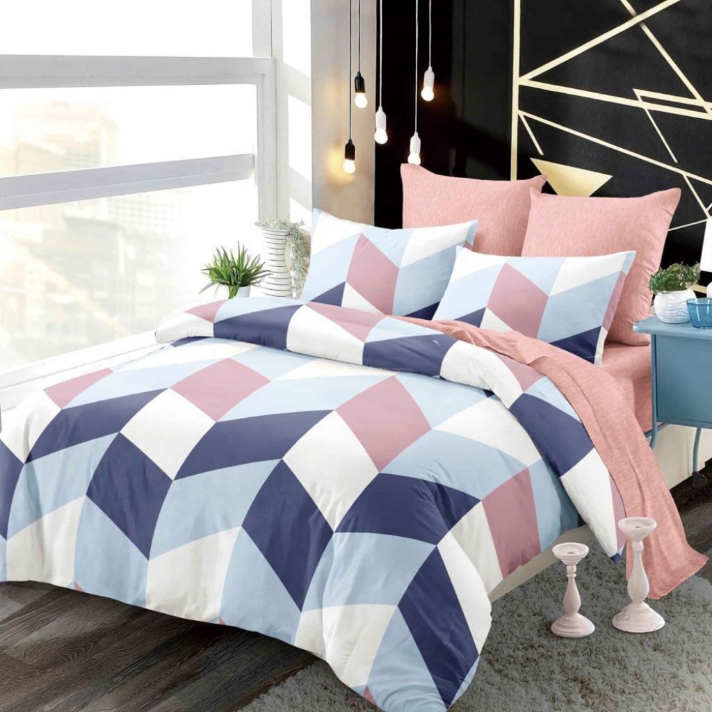 Lenjerie de pat, 2 persoane, finet, 6 piese, cu elastic, crem albastru alb, cu forme geometrice, LEL531